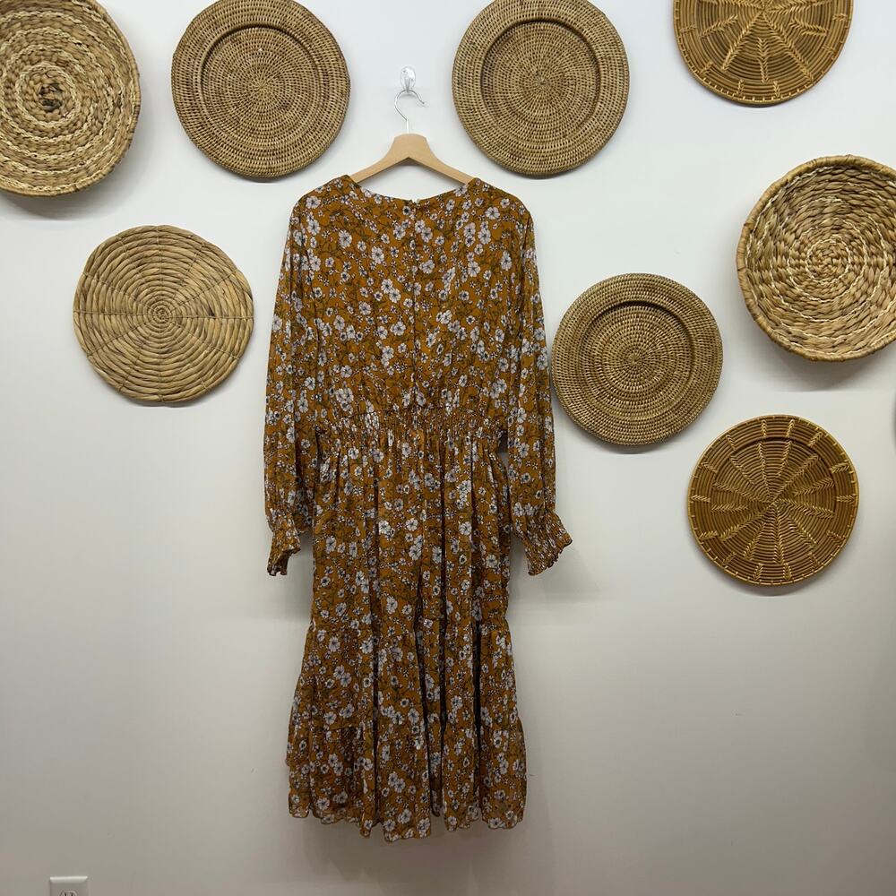 NY Collection Long Sleeve Midi Dress Plus Size 2X Flower Floral Yellow Feminine - Picture 3 of 9